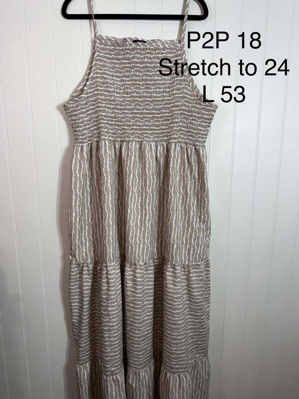 Mexx XL Smocked Maxi Dress Beige White Tiered Sleeveless Pockets